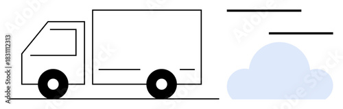 Flat design delivery truck with speed lines and light cloud element. Ideal for shipping, logistics, delivery, supply chain, transportation, e-commerce, and fleet management. Simple flat metaphor