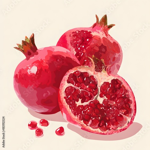 Three Pomegranates, One Halved, with Scattered Seeds Image