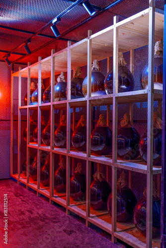 Schilderij op canvas Colorful cellar shelves with round glass wine demijohns