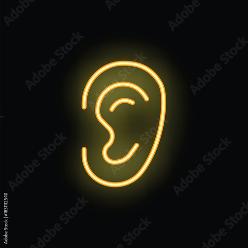 Yellow neon sign representing a human ear, symbolizing listening, communication, and audiology