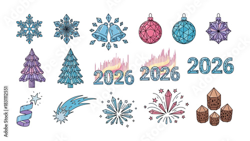 Festive Elements of Winter: A vibrant assortment of winter and festive elements, including snowflakes, ornaments, bells, christmas tree, fireworks, meteor, ribbon.
