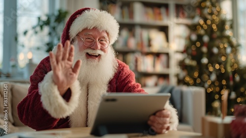 Santa Claus waves during a video call on tablet with a cheerful expression, connecting tradition and technology