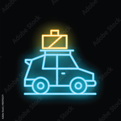 Glowing neon sign depicting a car with a suitcase on its roof, symbolizing road trips, adventures, and the excitement of travel