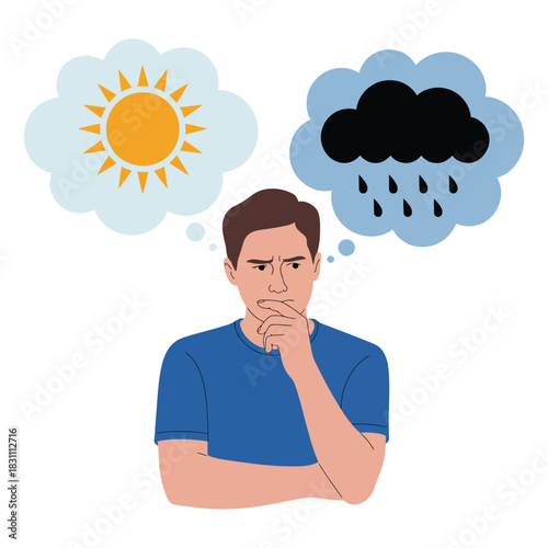 Man contemplating between a sunny day and a stormy day