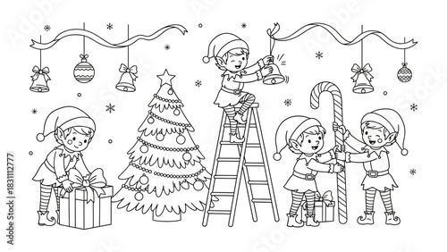 Christmas Elf Decoration: A heartwarming scene unfolds as cheerful elves busily decorate for Christmas, with festive ornaments, twinkling lights, and gifts.