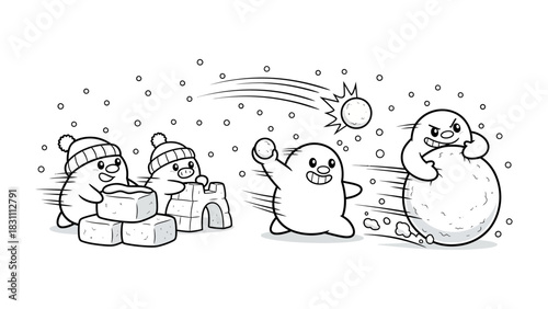 Playful Snow Day Showdown: A charming scene of a playful snow day unfolds, showcasing the excitement of a spirited snowball fight with friendly snow creatures, complete with a cozy igloo.