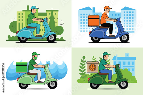 A collage of delivery drivers on scooters with different backgrounds and deliveries