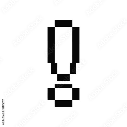 An exclamation mark rendered in pixelated black and white pixels on a white background.