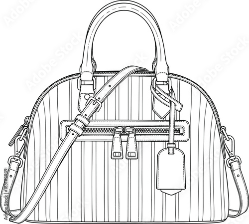 Fashion Handbag Technical Flat Drawing, Detailed Dome Bag with Stripe Texture, Shoulder Strap, Zipper, and Luggage Tag Vector