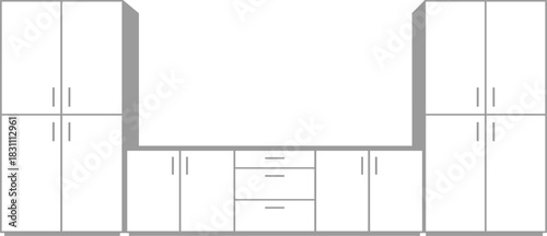Modular Kitchen Cabinets Vector Outline Illustration, Simple Storage Furniture Line Art, Interior Design Element, Minimalist Home Renovation Graphic