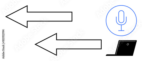 Two arrows indicating data or signal flow, microphone in a circle suggesting audio input, and a laptop for processing. Ideal for communication, technology, data transfer, recording, collaboration