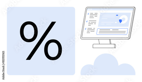 Percentage sign next to a computer screen displaying data charts and metrics in a cloud-based interface. Ideal for analytics, cloud computing, finance, data management, statistics, business reports