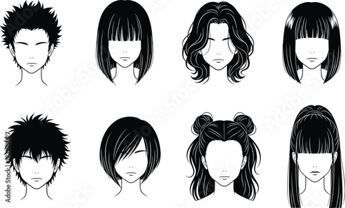 Anime manga hair vector set, diverse male and female hairstyles, black and white avatar template, character design illustration, cartoon heads collection