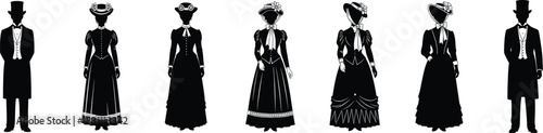Victorian era people silhouette set, vintage men and women in formal attire, 19th-century costume vector collection, historical fashion illustration