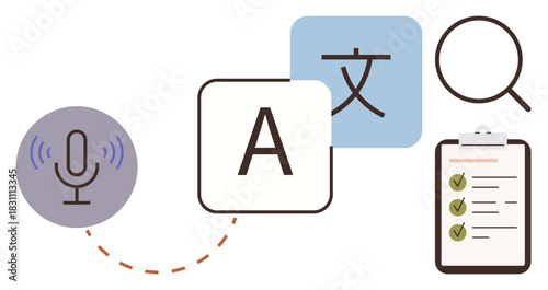 Microphone for sound, letters for translation, clipboard for task checks, illustrating communication, language, translation, technology, education, research efficiency in simple flat metaphor