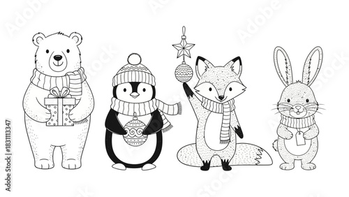 Winter Wonderland Pals: A charming collection of winter-themed animal friends, each adorned with cozy attire and festive decorations, conveying the spirit of the season