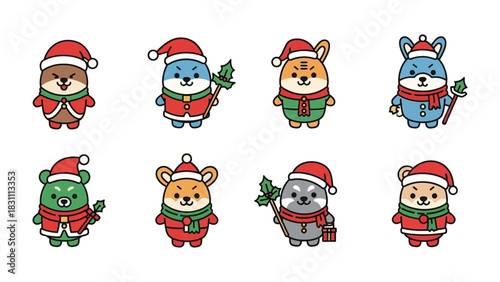 Holiday Animal Squad: A delightful assortment of charming animals in festive holiday attire, each with their own unique style. Perfect for cheerful holiday designs and heartwarming celebrations.