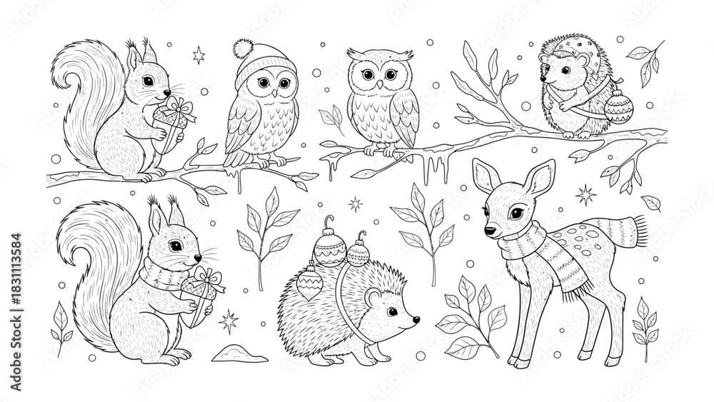 Obraz premium Winter Woodland Creatures: A charming collection of woodland creatures prepares for winter, showcasing a scene of adorable animals in a snow-kissed environment. capturing the purity and peace