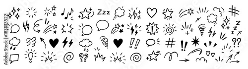 Doodle emotion cartoon expressive elements icon set colorful hand drawn symbols on transparent background