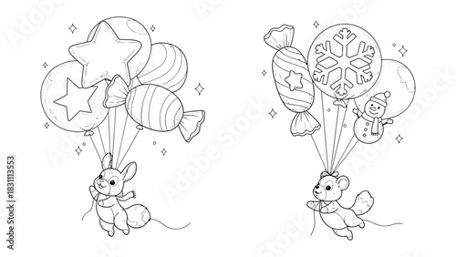 Whimsical Balloons and Flying Animals: Playful illustrations feature adorable animals soaring through the air, carried aloft by festive balloons in this charming and delightful scene.