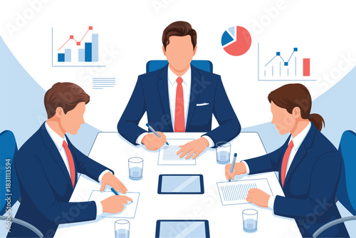 Illustration of business meeting with graphs and charts on the background wall