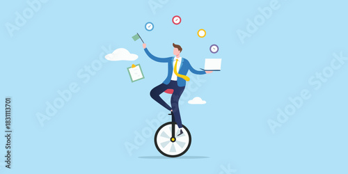 Businessman juggling tasks and time while riding a unicycle