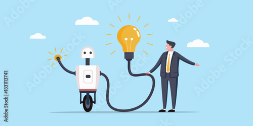 Robot and businessman connect to a bright idea lightbulb