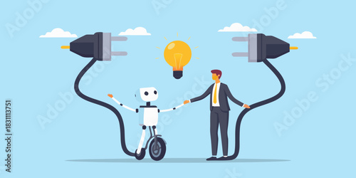 Businessman and robot connect with power plugs and light bulb idea