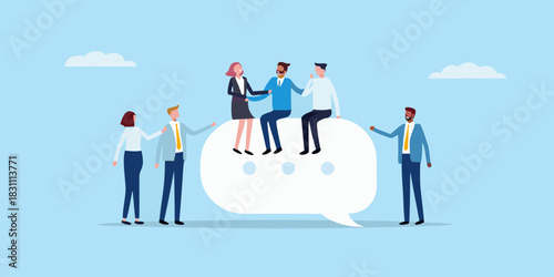 Diverse business people collaborating and communicating on a large speech bubble