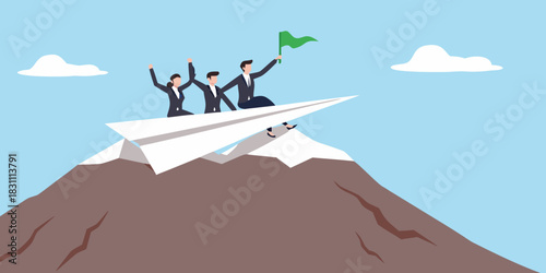 Team riding paper airplane over mountain peak with flag