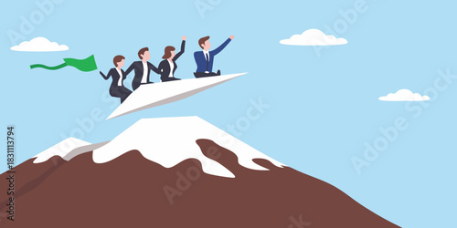 Business team flying on paper airplane over snowy mountain peak