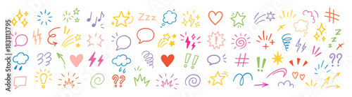 Comic design elements, manga expression, cartoon speech bubbles and emotion symbols, anime doodle elements collection, hand drawn expressive icons on transparent background.