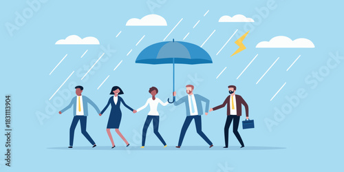 Team holding hands under umbrella during stormy weather