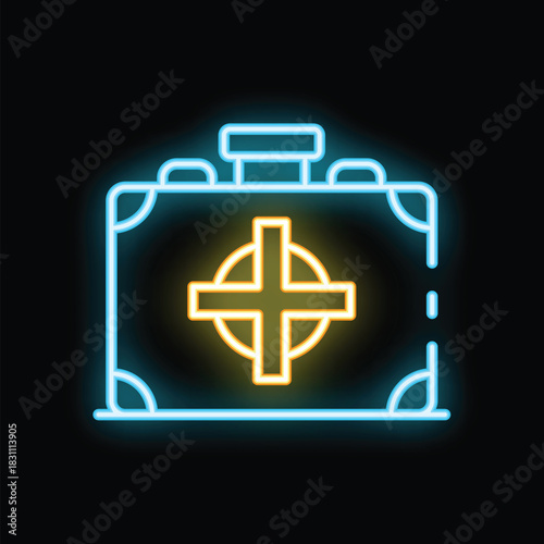 Neon first aid kit glowing on dark background, concept for emergency medical care