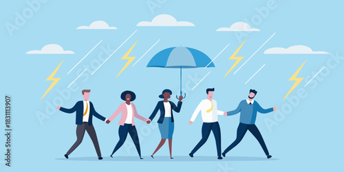 Teamwork and protection during a storm with lightning and rain