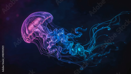 Glowing jellyfish in dark water