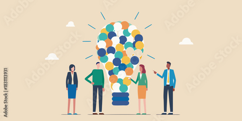 Diverse team collaborating on a bright idea symbolized by a colorful lightbulb