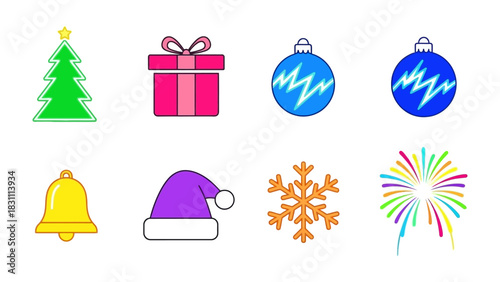 Christmas Icons Illustration: Festive icons capturing the spirit of Christmas, featuring tree, gift box, ornaments, bell, hat, snowflake, and fireworks. 