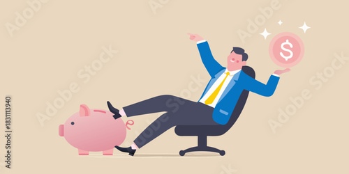 Businessman relaxing with piggy bank and coin symbolizing financial success