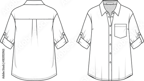 Technical fashion flat vector illustration of women's short sleeve shirt, button-down, roll-up cuff, front pocket, classic collared blouse template