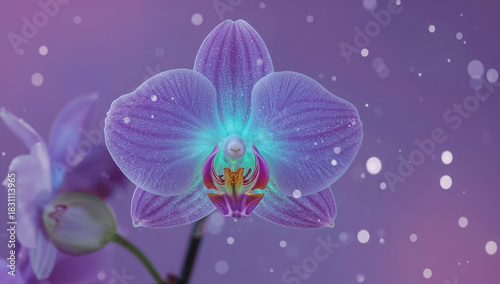 Close-up of a purple orchid flower with water droplets