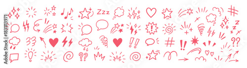 Comic design elements, manga expression, cartoon speech bubbles and emotion symbols, anime doodle elements collection, hand drawn expressive icons on transparent background.