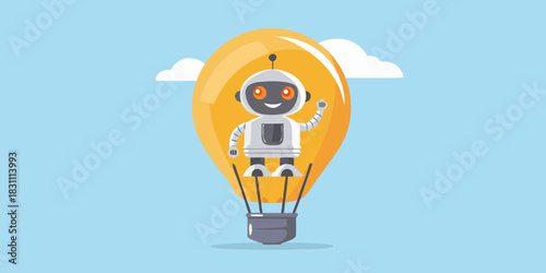 Cute robot character inside a light bulb hot air balloon flying in the sky