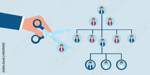Hand cutting a person from an organizational chart with scissors