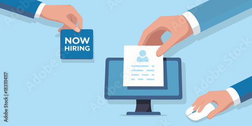 Recruitment process with resume review and now hiring sign