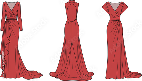 Technical fashion illustration of elegant women's long evening dress, wrap-front deep V-neck, draped skirt, open back, glamorous gown vector template