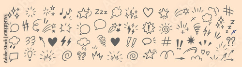 Hand drawn doodle emotion elements, expressive comic icons, cartoon speech bubbles and accent symbols set.