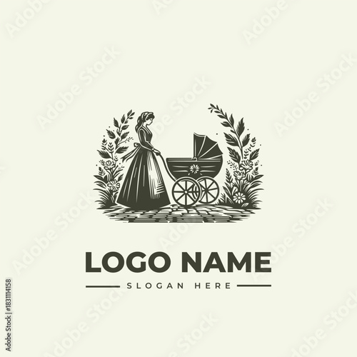 Vintage Engraving Style Vector Illustration of a Mother and Baby Stroller Logo