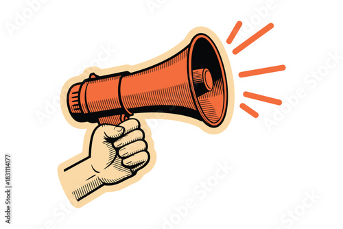 Illustration of a hand holding an orange megaphone with sound waves emanating out