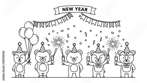 Festive New Year's Bears: Cheerful bear characters celebrating the New Year with party hats, balloons, sparklers, and champagne flutes under a festive banner and garland.
